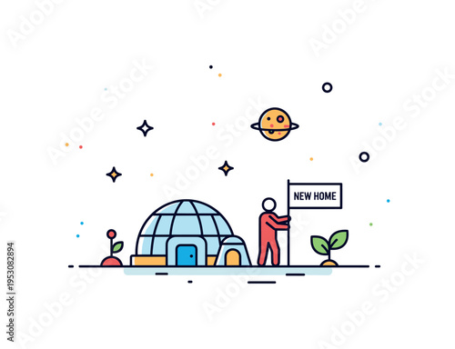 Colonizing new planets future humanity theme centered on a small habitat dome with a human figure planting a flag labeled New Home, while a subtle sprout icon