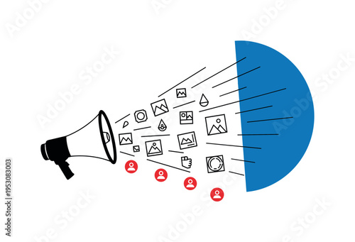 Black and white megaphone projecting small geometric image icons outward, bold blue semicircle behind like amplification halo, thin radiating lines emphasizing