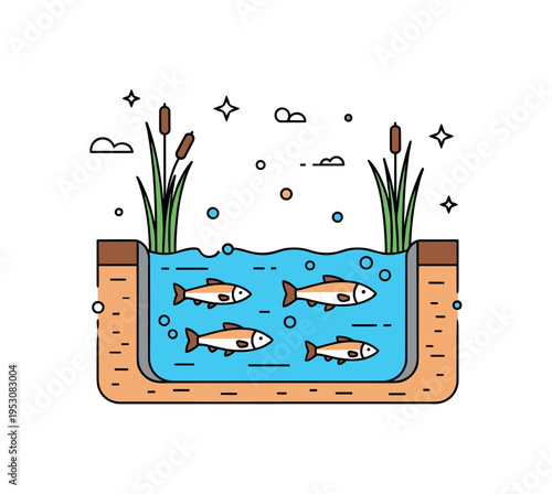 Freshwater fish habitat illustrated through a cross section of a river showing fish swimming beneath the surface and reeds growing along the edge, symbolizing