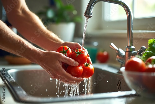 Hands washing fresh red tomatoes under running water in a kitchen sink. Suitable for food safety, healthy cooking, and hygiene industries.