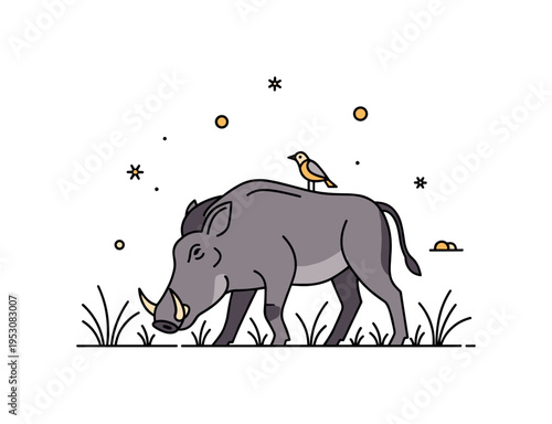 Savanna wildlife showing a warthog foraging in the grass with a small bird on its back, capturing small interactions and ecosystem details. Minimalist flat