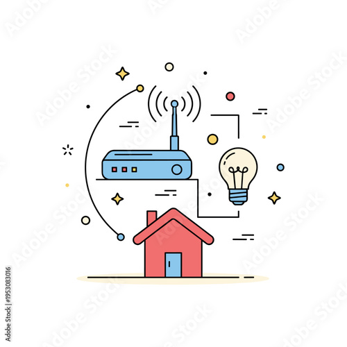 Smart home DIY setup compact router and smart bulb connected by thin signal lines around a house symbol. A modern concept badge about upgrading technology and