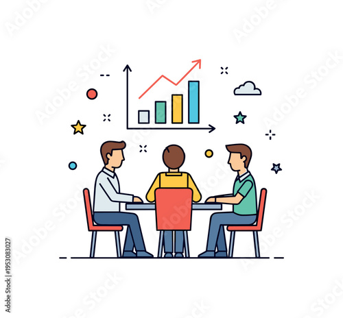 Startup advisory session featuring a consultant figure seated at a small table with founders while a simple growth graph hovers above, symbolizing mentorship