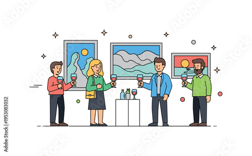 Gallery opening scene with visitors holding wine glasses and chatting in front of contemporary paintings, highlighting social experience and cultural