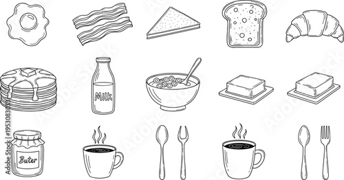 Collection of hand-drawn breakfast food items and drinks in a simple line art style