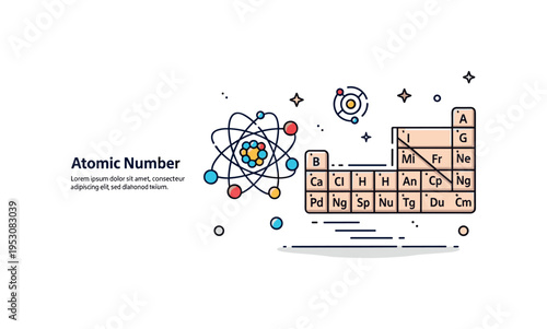 Atomic structure connection concept featuring a periodic table tile paired with a small nucleus and orbiting electrons. A short ?Atomic Number? text accent