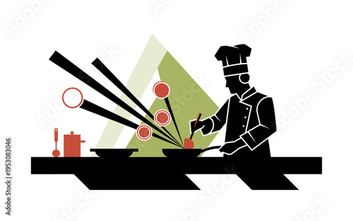 Black and white professional kitchen scene simplified into bold geometric forms, chef silhouette stirring a pan, sharp diagonal lines and circles suggesting