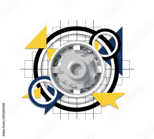 Black and white pottery wheel viewed from above with spinning clay cylinder forming, structured grid overlays and bold circular halos reinforcing