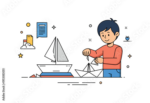 Paper sailboat creation scene featuring a child folding paper and attaching it to a small boat base, symbolizing simple crafting joy and imagination. The