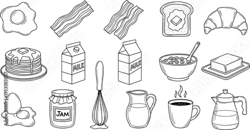 Collection of hand-drawn breakfast food and drink items in a simple line art style