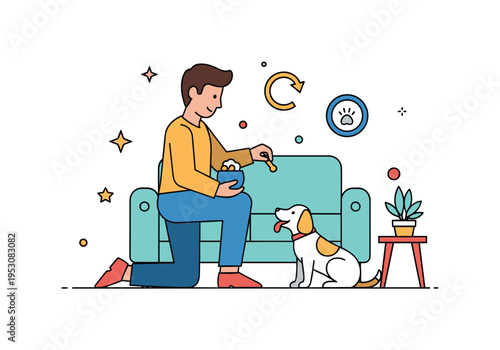 Person giving treats to a happy dog while teaching it simple tricks in a living room, highlighting learning, reward, and affectionate interaction. Minimalist