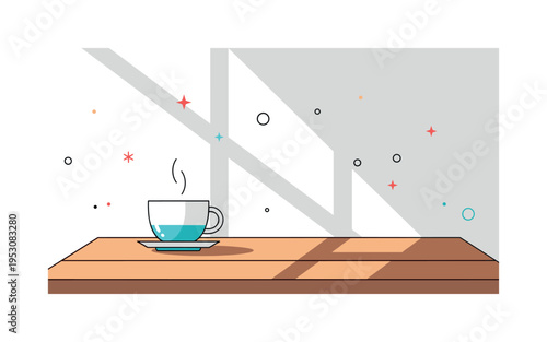 Cup on a wooden table with morning light streaming through a window, casting soft shadows and warm highlights, evoking calm, quiet, and cozy moments.