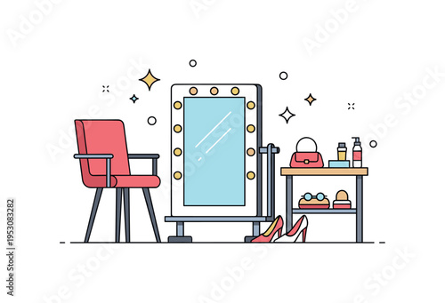 Backstage preparation space showing a chair, illuminated mirror and small accessory table arranged neatly. A pair of shoes and gentle sparkle accents