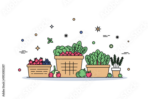 A stall with baskets of fresh berries, leafy greens, and herbs, surrounded by small stars and dots, conveying seasonal abundance and local produce. Minimalist