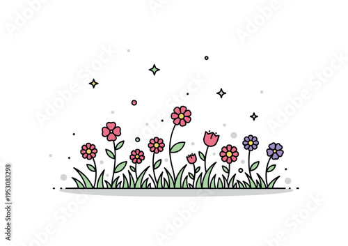 Countryside wildflower patch illustrated by scattered small flowers growing from a soft grassy base, with subtle dot accents enhancing depth and lightness. The