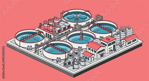 Isometric Illustration of a Water Treatment Plant with Multiple Tanks.