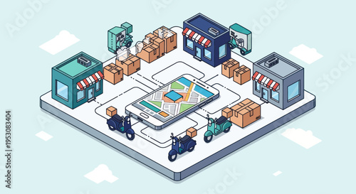 Isometric illustration of e-commerce delivery and logistics network.