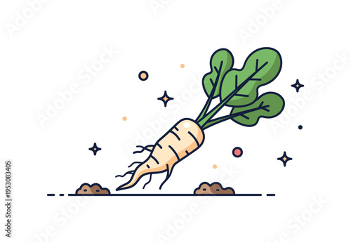 Organic horseradish harvest scene showing a freshly pulled root with attached leaves and small soil accents. Gentle sparkle elements convey farm freshness and