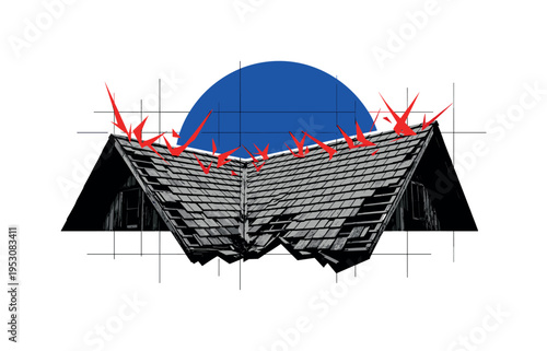 Black and white abandoned house facade with broken windows as central object, bold deep red circle rising behind like a fading sun, cobalt blue rectangular