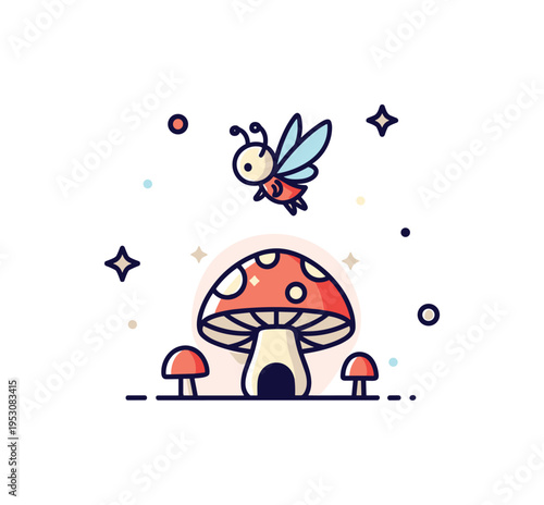 Tiny magical sprite concept featuring a small winged creature hovering above a simple mushroom shape with soft glow accents, suggesting hidden fantasy realms.