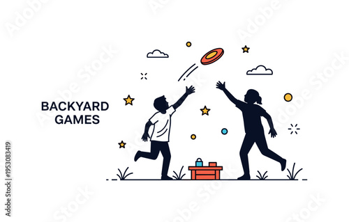 Backyard games summer fun illustrated by a simple lawn scene with a frisbee mid air and two cheerful silhouettes reaching toward it, expressing playful energy