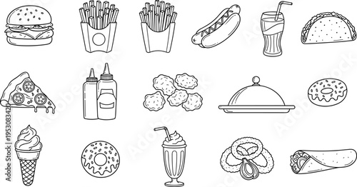 Collection of popular fast food and dessert icons in a simple line art style