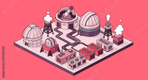 Isometric illustration of an astronomical observatory complex with multiple telescopes and buildings.