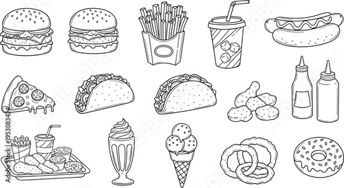 Collection of hand-drawn fast food icons and illustrations on a white background