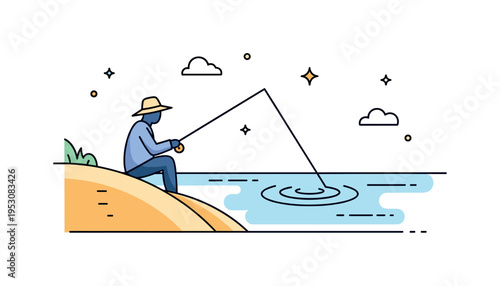 Peaceful angler silhouette by calm water featuring a minimal figure, curved shoreline, and gentle ripple lines, expressing mindfulness and slow living. The