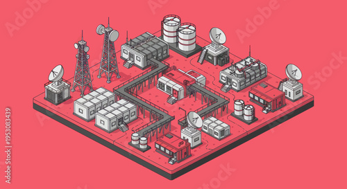 Isometric Industrial Base with Storage Tanks and Communication Towers.