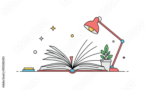 Open book with pages slightly curved and a small plant nearby, creating a calm, creative, and inspiring workspace atmosphere. Minimalist flat vector