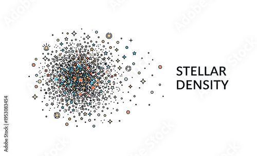 Dense stellar grouping illustration featuring a concentrated burst of tiny star icons fading outward into open space, conveying energy and cosmic depth. A