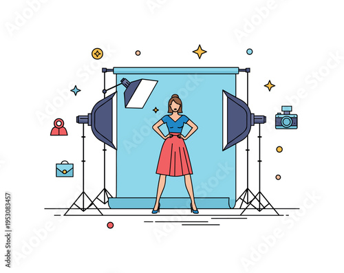 A top model posing in a photoshoot with studio lights, camera, and backdrop, highlighting elegance, style, and fashion industry professionalism. Minimalist