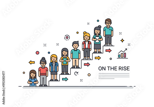 Emerging talent concept illustrated through a group of young individuals arranged in ascending steps forming a dynamic composition. Small arrow icons and a