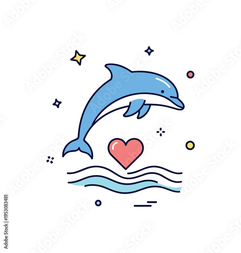 Marine conservation message dolphin leaping above a subtle heart shaped wave, expressing care for ocean life. A meaningful compact badge highlighting
