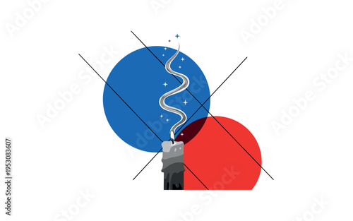 Monochrome candle with smoke trail forming elegant curve, combined with overlapping blue and red circles and thin diagonal lines adding movement, abstract