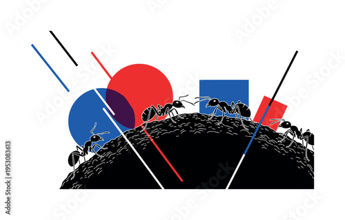 A monochrome close-up of ants climbing over a textured mound, their silhouettes interacting with flat circular and rectangular color blocks, thin diagonal