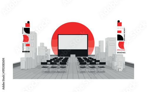 Monochrome rooftop scene with foldable cinema chairs facing a blank screen, bold red semicircle rising behind the screen like a dramatic sunset, abstract
