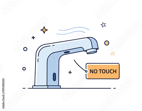 Touch free hygiene solution illustrated by a sensor faucet with gentle motion lines and a small no touch label nearby, symbolizing modern sanitary technology.