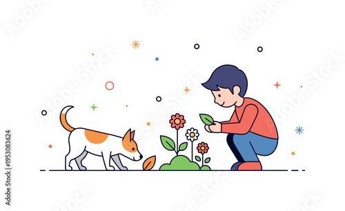 Exploring nature together child crouching near flowers while curious pet sniffs nearby leaves. A compact illustration about curiosity, discovery, and shared