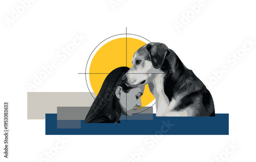 Conceptual animal-assisted therapy theme with black-and-white profile of a person leaning forehead to a dog, bold yellow circular halo intersected by minimal