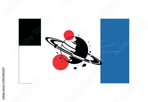 Black and white planet with broken fragmented rings floating in layered composition, bold red circle intersecting fragments, blue geometric rectangle balancing