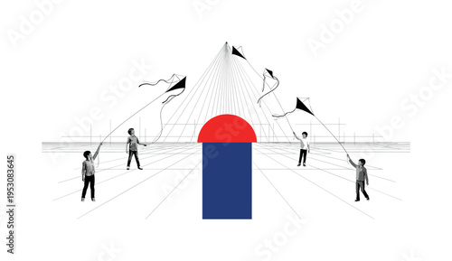 Black and white group of three kids scattered across composition each with separate kite strings converging upward, bold red semicircle tucked behind central