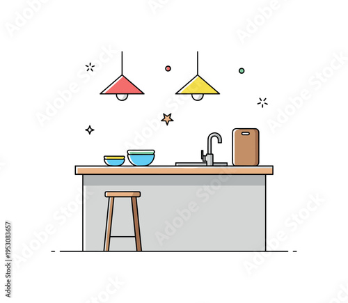 Minimal kitchen with a single countertop island, a few neatly placed bowls and cutting board, highlighting organized, airy, and functional space. Minimalist