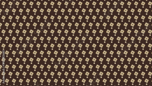 Seamless geometric pattern vector background featuring small, light brown, stylized floral or abstract square motifs arranged diagonally on a dark brown field, ideal for textile, wallpaper