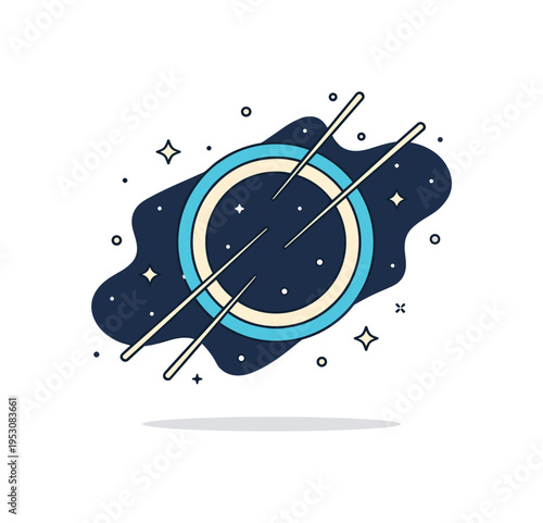 Deep space quasar landmark illustrated by a bold circular halo with extended linear beams cutting across a darkened cosmic backdrop shape, expressing