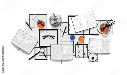 A monochrome top-down composition of overlapping squares forming a pattern, bold geometric arcs partially crossing the edges, clean balanced layout with