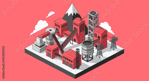 Isometric Industrial Complex with Factories and Mountains.