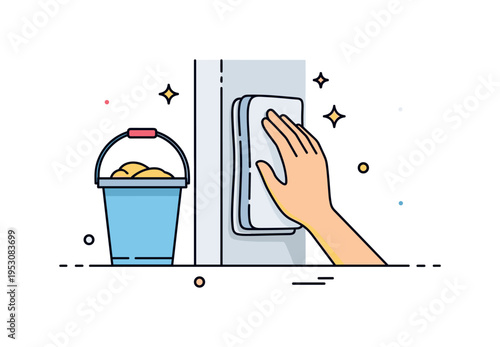 Detail oriented housekeeping scene with a cloth carefully following the contour of a wall trim. A simple bucket icon and small decorative stars enhance the