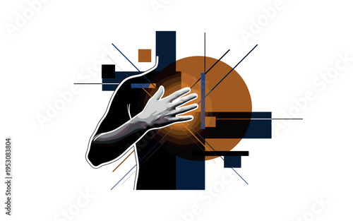 A monochrome hand placed over a chest area, oversized abstract circle behind symbolizing inner feeling, thin diagonal lines and geometric blocks adding